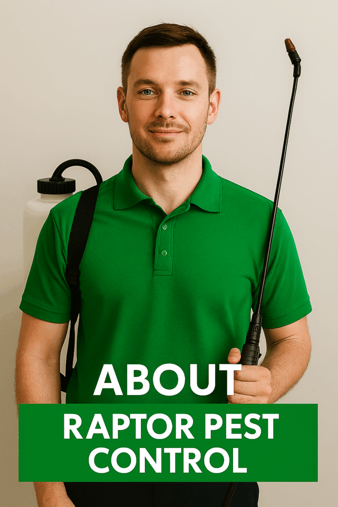 Smiling pest control technician wearing a green Raptor Pest Control polo shirt, holding a sprayer wand, with “About Raptor Pest Control” text overlayed in matching green branding.