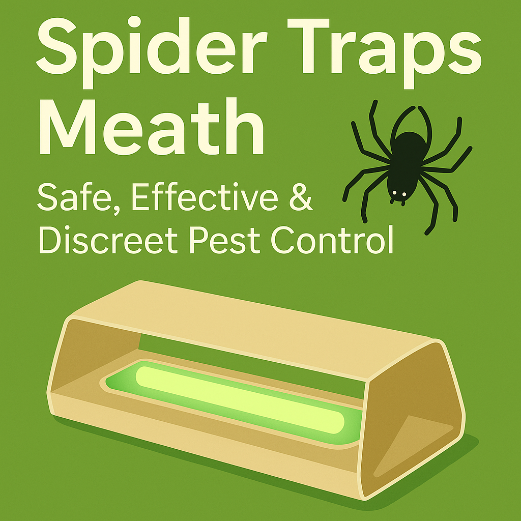 Illustration of a green-lit spider trap placed in the corner of a room, highlighting its use for catching spiders and other insects like silverfish and moths in a domestic setting.