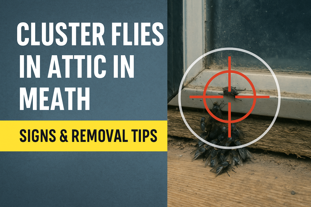 Featured image showing a cluster of flies around a dusty attic window frame, with a red crosshair graphic overlaid. Text on the left reads “Cluster Flies in Attic in Meath – Signs & Removal Tips” against a blue background with a yellow accent bar.