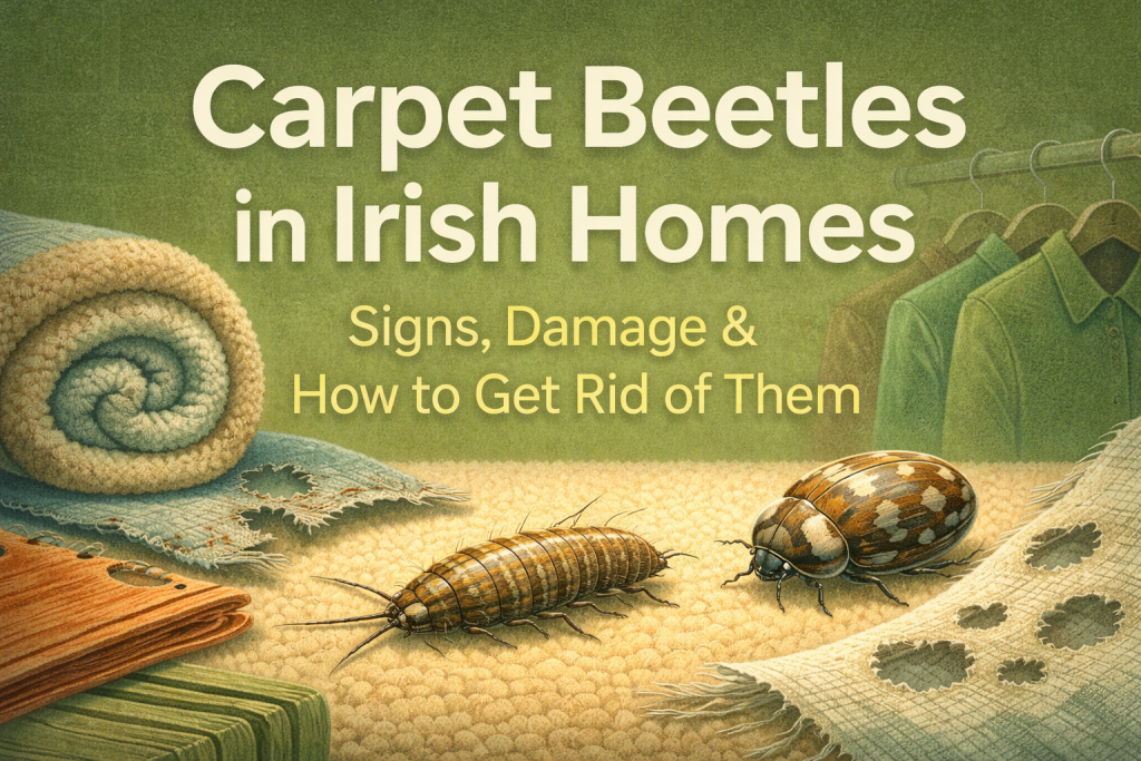 Illustrated featured image showing carpet beetles and larvae on carpet and fabric, with the text “Carpet Beetles in Irish Homes – Signs, Damage & How to Get Rid of Them,”