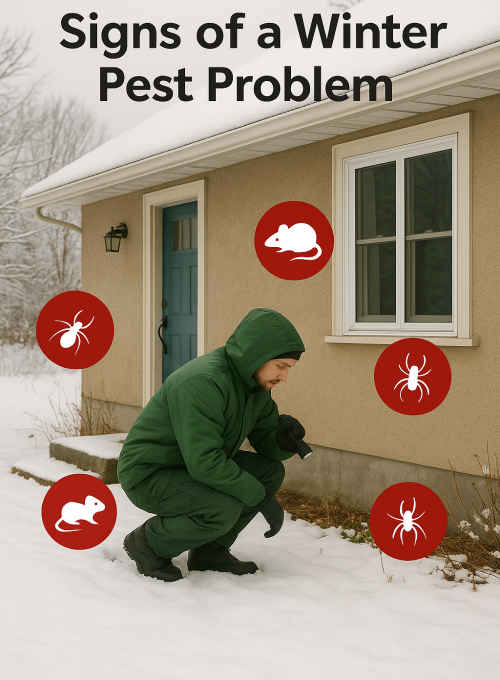 Pest control technician in winter clothing inspecting the base of a house with snow on the ground. Red icons showing rats, spiders, and insects highlight signs of a winter pest problem. Text reads “Signs of a Winter Pest Problem.”
